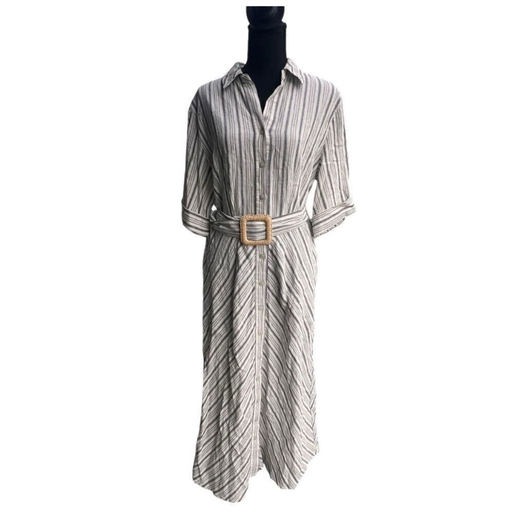 Tahari Striped Button-Front Midi Shirt Dress in White and Black with Belt